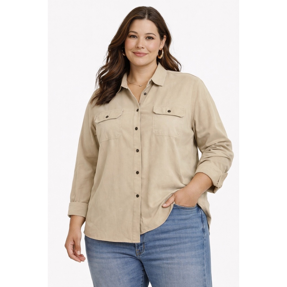 Crazy Horse Button Down Shirt Womens XL Tan Faux Suede Utility Safari Shacket